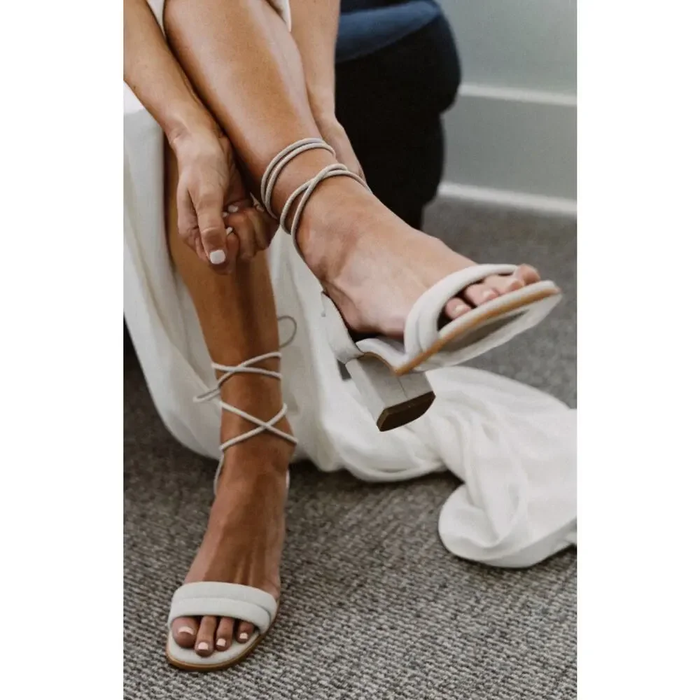 NEW Alohas Dakota Beige Sandals •41/ 10• Suede Block Heel Wrap Strappy $185